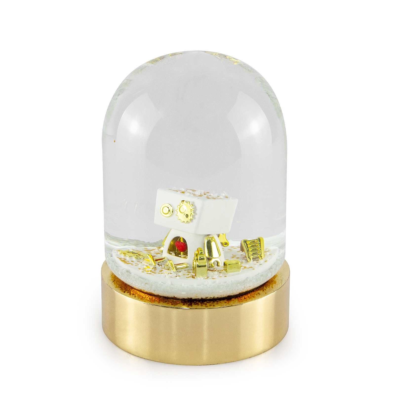 Robot metal interior with sequins oblong metal base snow globe